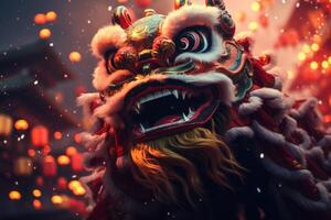 Chinese dragon celebrating lunar new year with blurred lanterns in background photo