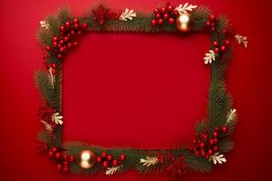 Christmas frame with golden ornaments, red berries, and pine branches on red background photo