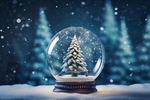 Snow globe featuring christmas tree in snowy forest setting photo