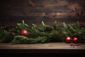 Christmas decoration on wooden plank with pine cones, red baubles and pine branches creating festive atmosphere photo
