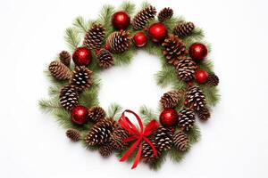 Christmas wreath decorated with pine cones, red balls, and ribbon on white background photo