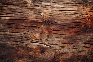 Close up of aged wood grain showing knots and cracks, creating rustic texture photo