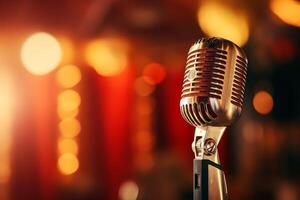 Retro microphone stands on stage, ready for performance under warm lights photo