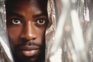 Serious black man hiding behind metallic curtain looking at camera photo