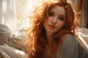 Beautiful redhead woman relaxing in sunlight by the window photo