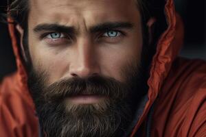 Portrait of a bearded man wearing an orange jacket photo