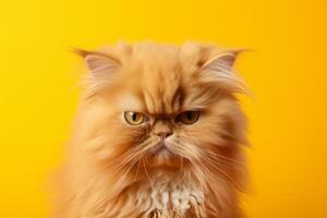 Grumpy red persian cat staring with intense gaze on yellow background photo