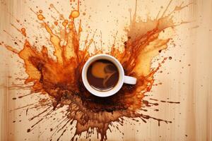 Coffee splashing from a white cup on a wooden table photo