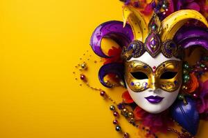 Mardi gras mask with colorful beads and feathers on vibrant yellow background photo