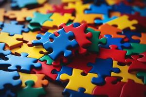 Colorful jigsaw puzzle pieces creating problem solving concept photo