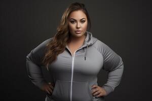 Plus size fashion model posing in gray hoodie with hands on hips photo