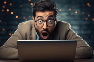 Shocked businessman looking at laptop with mouth open and eyes wide photo