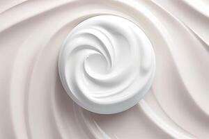 White cream texture swirling in a container on a creamy background, creating a luxurious skincare visual photo