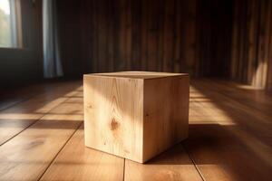Empty wooden cube on wooden floor with sunlight shining through window photo
