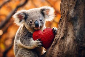 Adorable koala hugging red heart on tree, symbol of love and affection photo