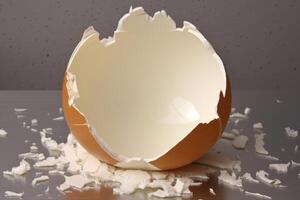 Broken eggshell with scattered pieces on metallic surface photo