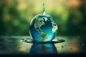 Water drop forming above earth globe, protecting water resources for future generations photo