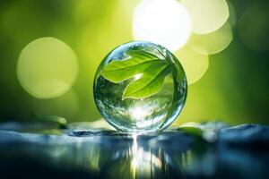 Crystal ball reflecting sunlight with green leaf inside symbolizing environmental conservation photo