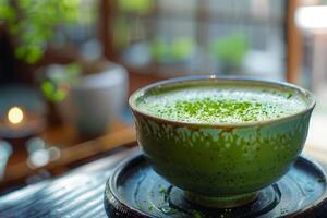 Steaming matcha latte in traditional japanese bowl elevates tea ceremony experience photo