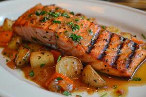 Grilled salmon fillet with roasted potatoes and carrots in a sauce, garnished with parsley photo