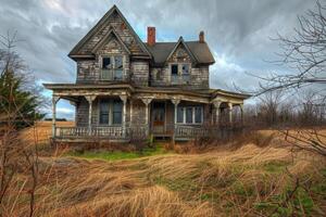 Abandoned house decaying in overgrown field under cloudy sky photo
