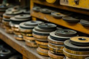 Grinding wheels sitting on shelf in workshop photo