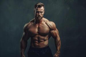 Powerful bodybuilder posing showing huge muscles and beard on dark background photo