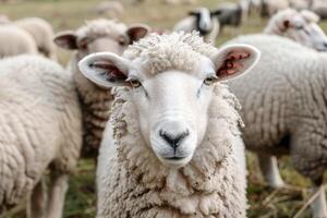 Sheep standing in herd and looking at camera on farm photo