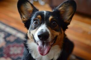Happy cardigan welsh corgi panting and smiling at home photo