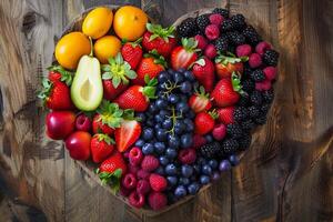 Fresh fruit platter forming a heart shape on rustic wooden table photo