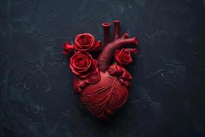 Anatomical heart embracing red roses on dark background photo
