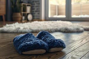 Pair of cozy blue slippers resting on wooden floor in living room photo