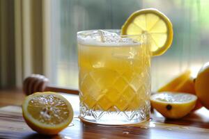 Refreshing honey lemonade with ice and lemon slice in crystal glass photo