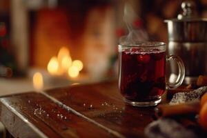 Steaming mulled wine with cranberries and spices on wooden table by fireplace during christmas time photo