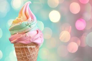 Delicious rainbow ice cream melting in a waffle cone on festive bokeh background photo