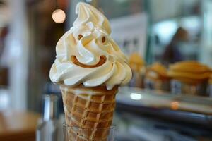 Smiling soft serve ice cream cone displayed in glass at store counter photo
