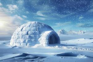 Igloo standing on snowy landscape during snowfall with mountains in background photo