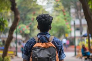 Student walking on campus looking towards university building photo