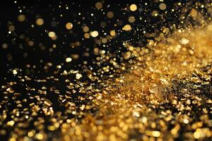 Golden particles falling on black background creating bokeh effect photo