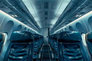 Empty airplane cabin seats showing aisle and overhead compartments photo