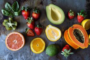 Fresh sliced and whole fruits and berries creating colorful tabletop display photo