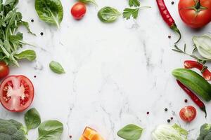 Fresh vegetables and herbs creating a frame on marble background photo