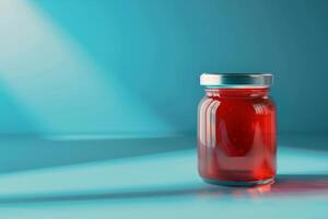 Glass jar filled with red jam on a gradient blue background with light beams photo