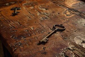 Old keys resting on a scratched wooden table top photo