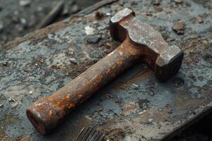 Rusty hammer resting on weathered wood in workshop setting photo