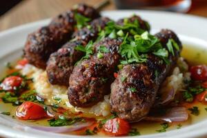 Delicious grilled kofta kebabs with rice and vegetables resting on white plate photo