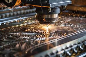 Laser engraving machine creating intricate design on metal surface photo