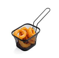 Crispy onion rings served in a black wire basket ready for enjoyment at a delicious meal photo