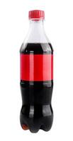 Bottle of dark beverage with red label standing upright on a plain background showcasing its simple design and color photo