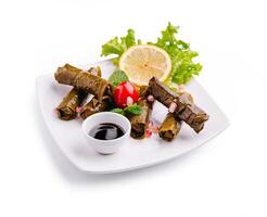 Delicious grape leaves stuffed with rice and herbs served on a plate with lemon and sauce photo